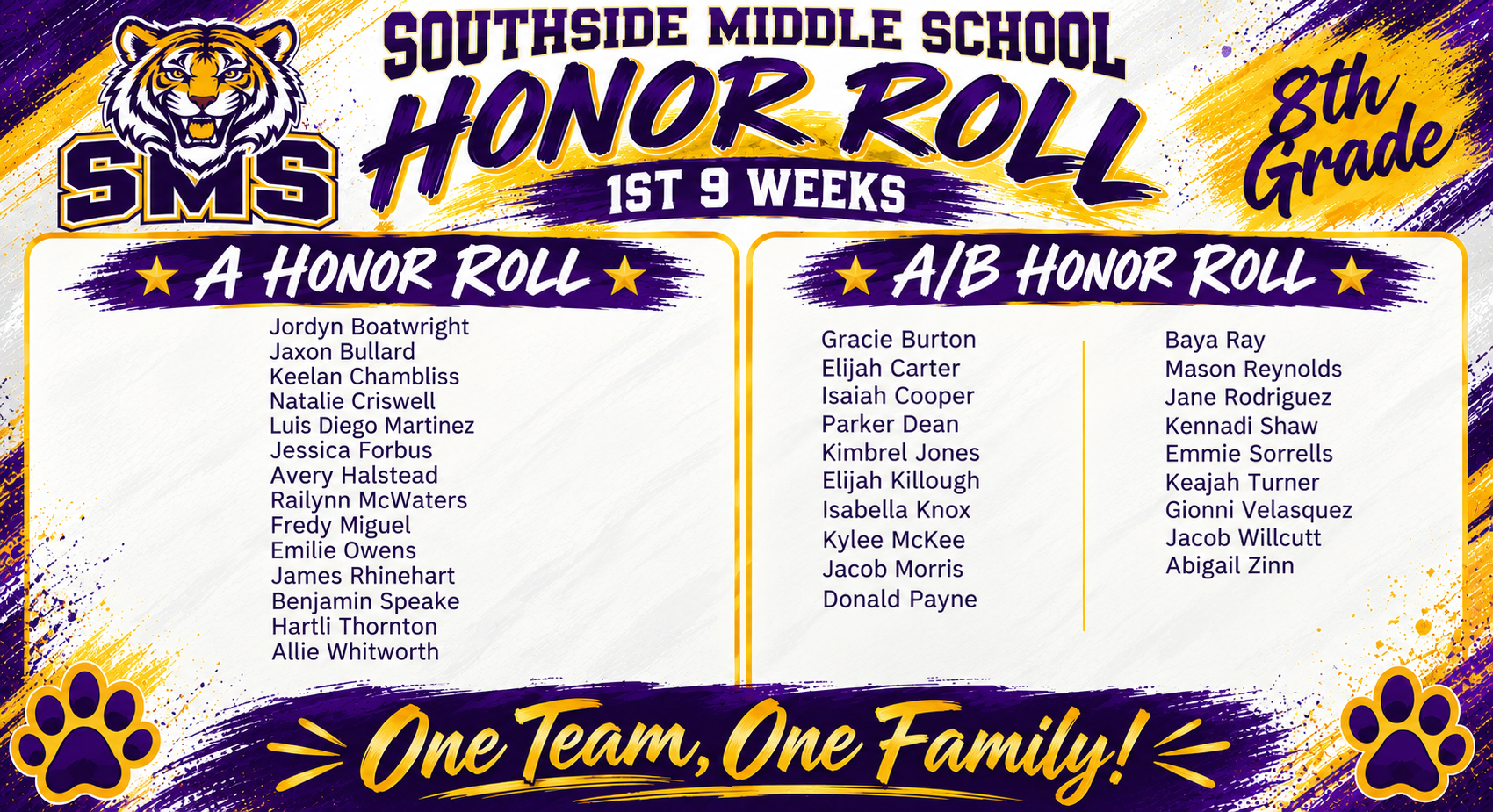 A graphic displaying the Southside Middle School 8th Grade Honor Roll for the 1st 9 weeks.