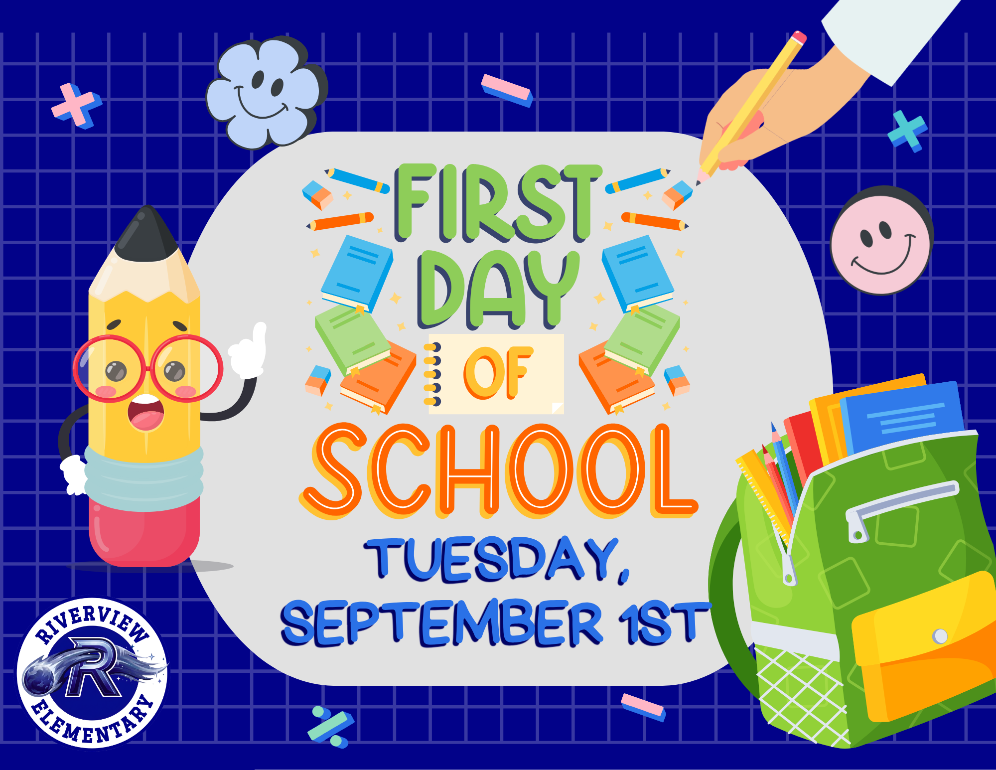 A cheerful pencil character with glasses stands next to a green backpack filled with school supplies.