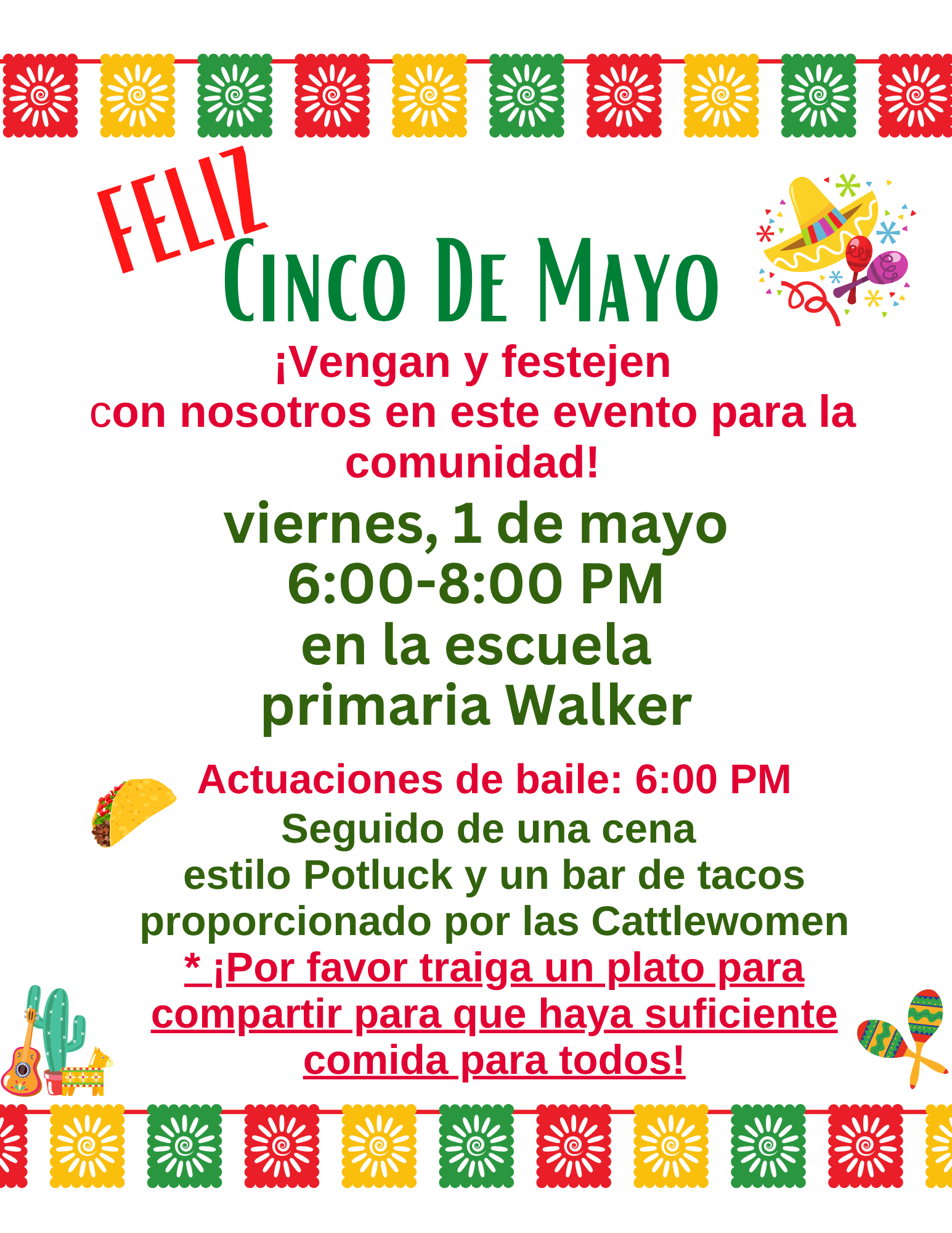 A festive invitation for a Cinco de Mayo celebration at Walker Elementary School on Friday, May 1st, from 6:00-8:00 PM.