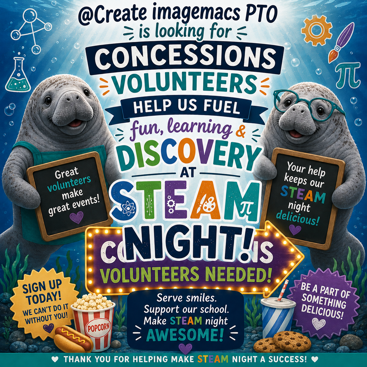 PTO Volunteers needed for STEAM Night Concessions 