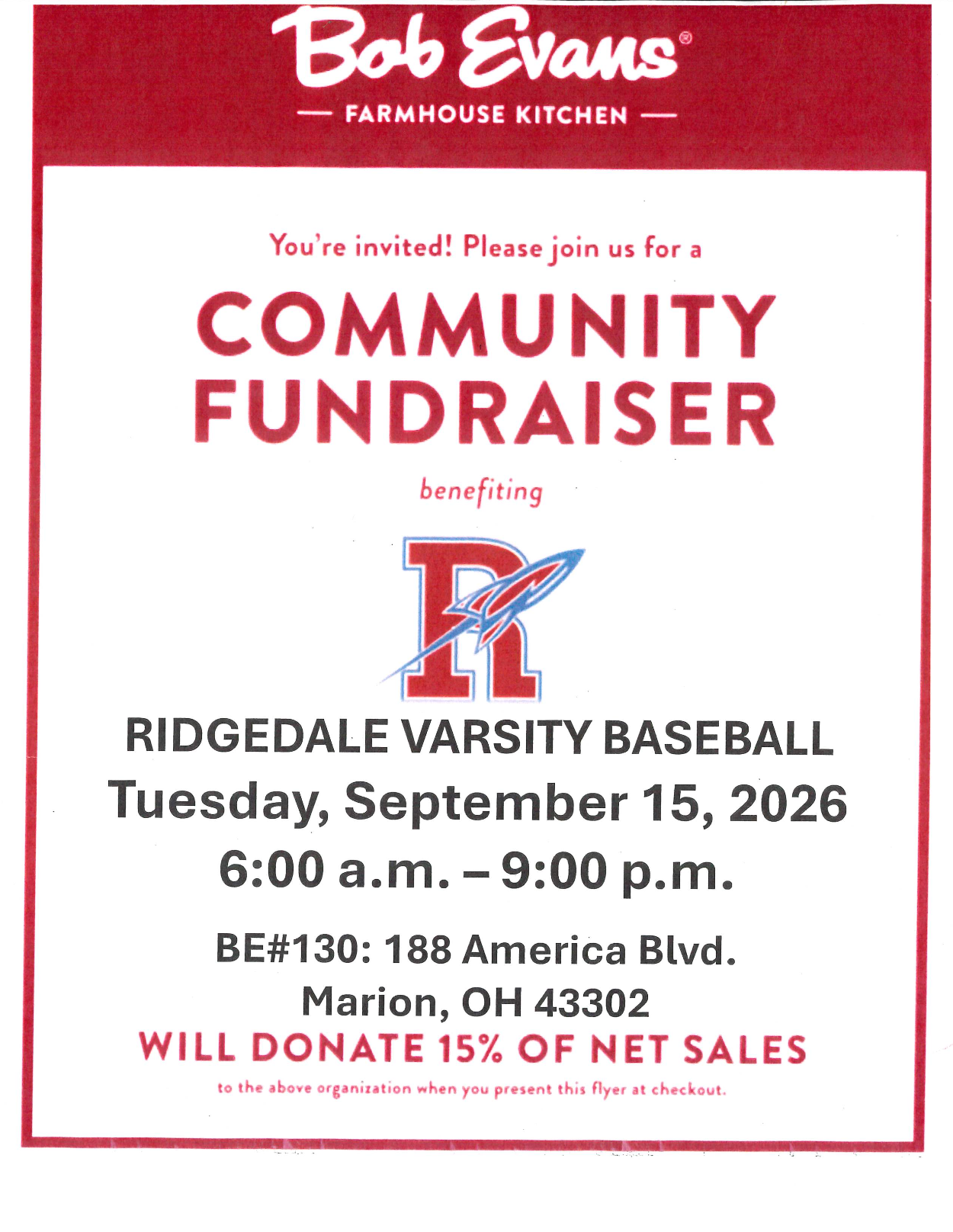 Bob Evans Baseball Fundraiser - TODAY!!⚾️