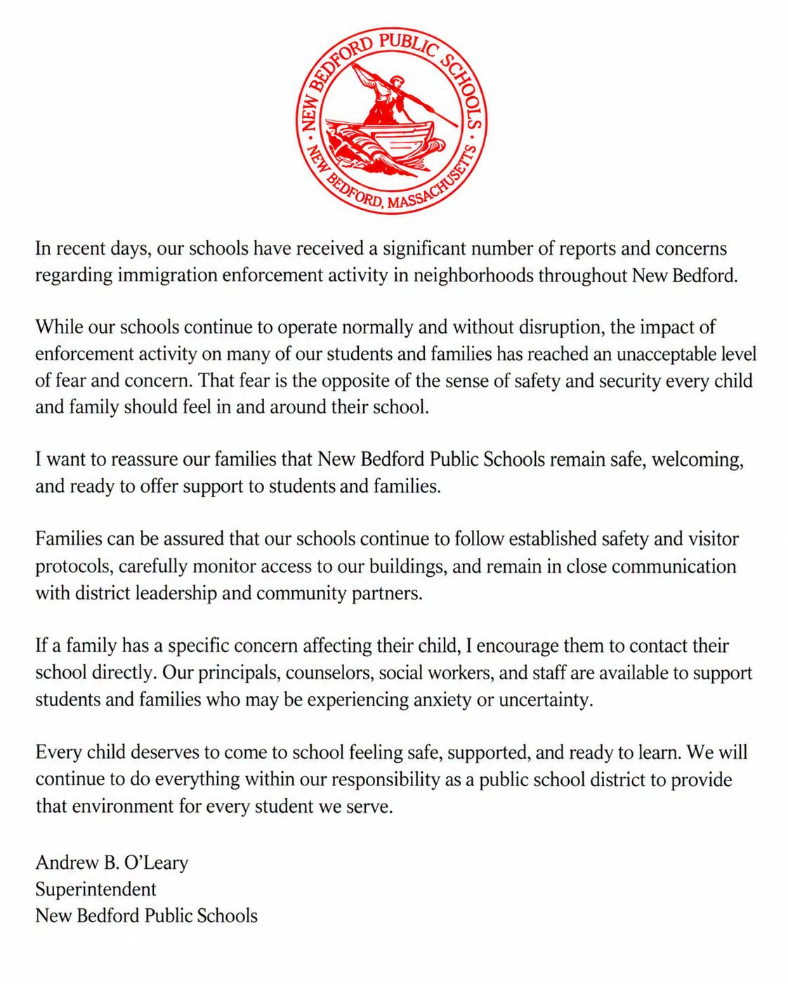 message from our Superintendent 