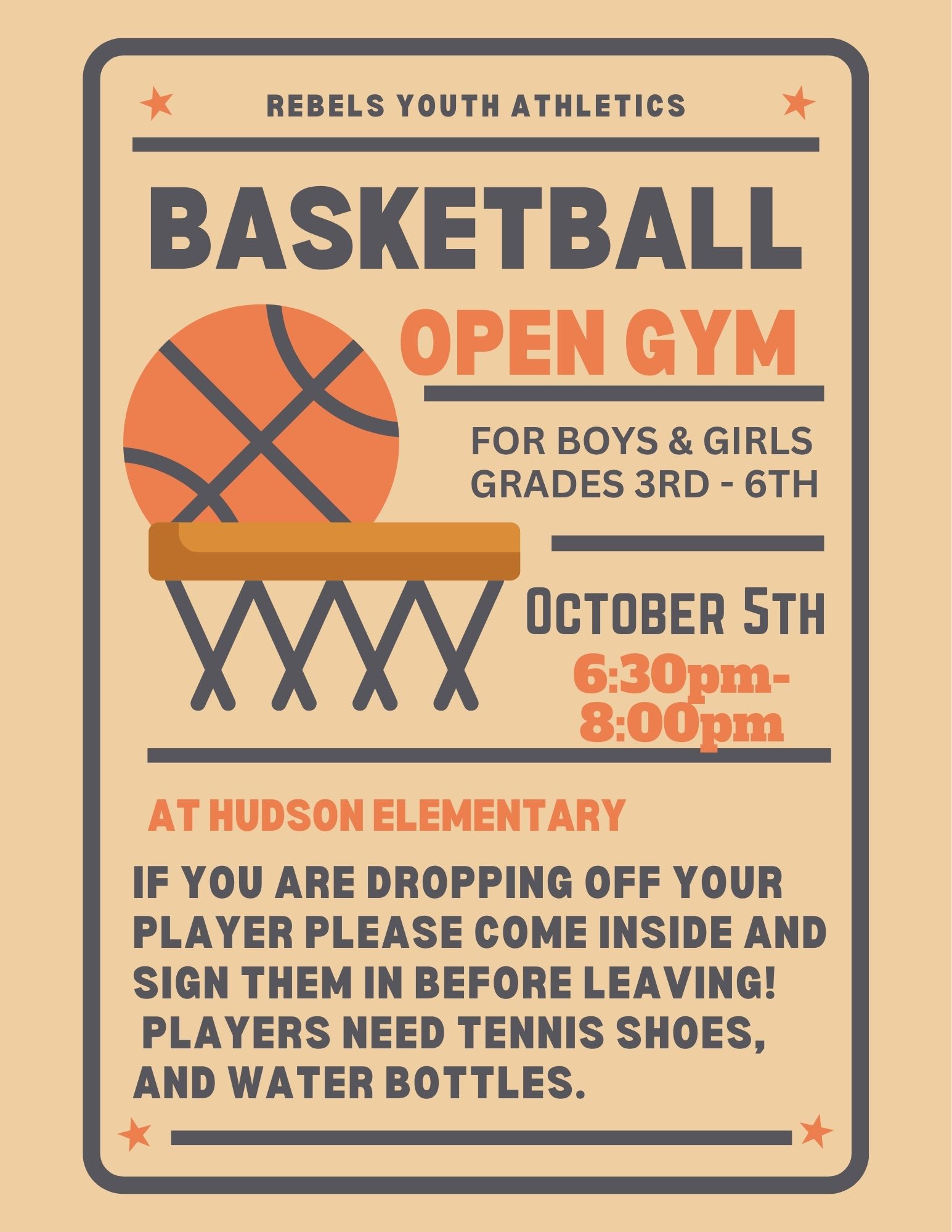 A retro-style flyer for Rebels Youth Athletics announces a Basketball Open Gym for 3rd to 6th graders on October 5th.
