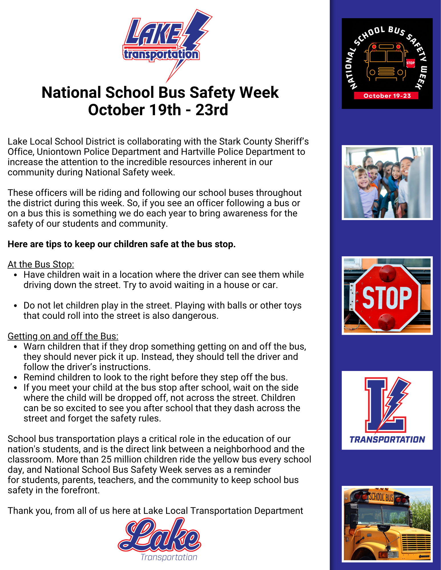 National School Bus Safety Week: October 19th - October 23rd