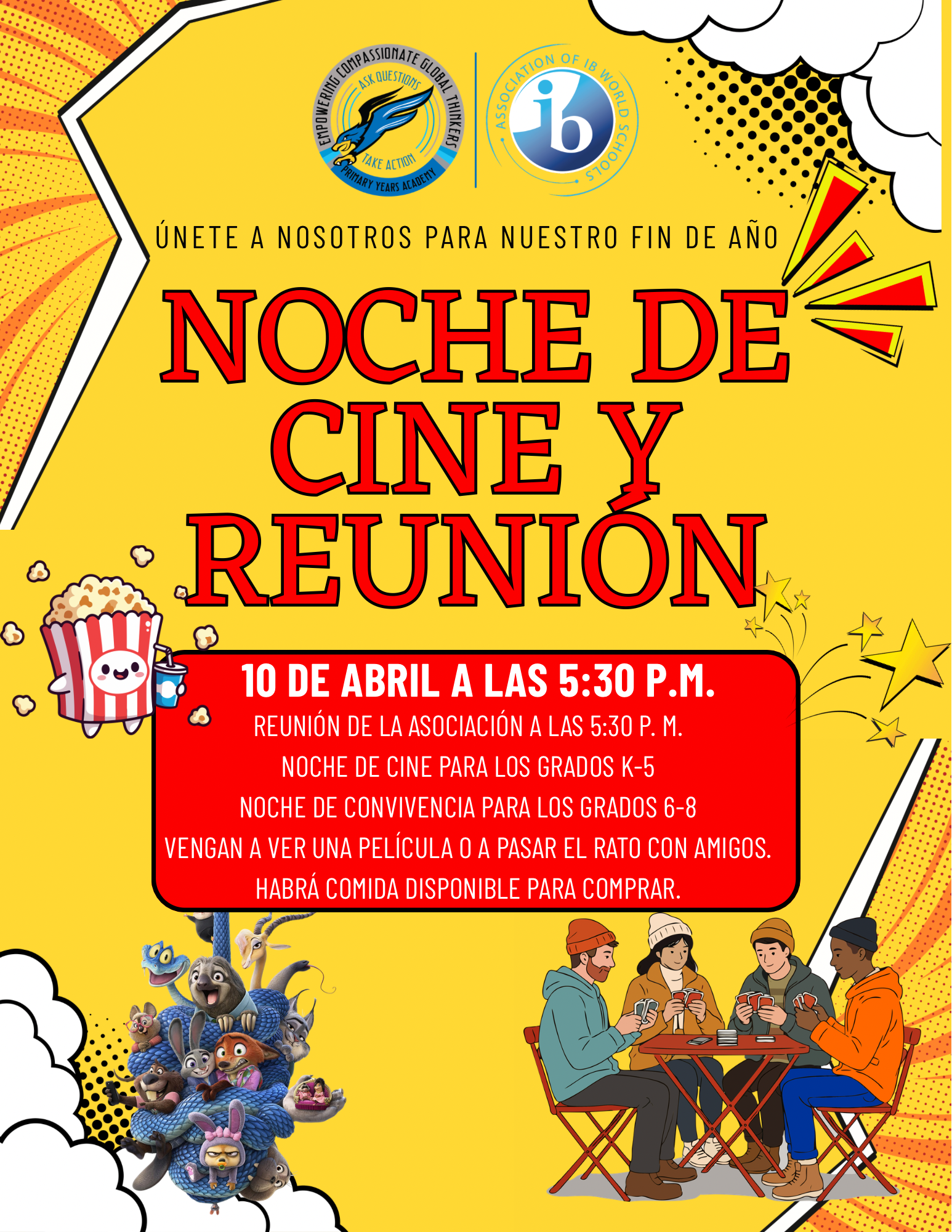 Poster announcing a "Movie and Gathering Night" on April 10th at 5:30 PM, with activities for grades K-5 and 6-8.