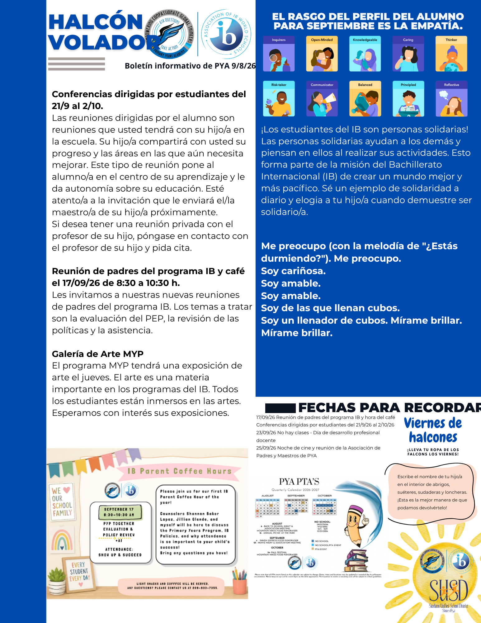 A school newsletter in Spanish featuring school events, IB profile traits, and a calendar for September and October.