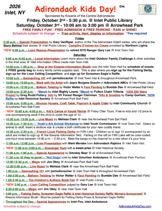 Community News - Adirondack Kids Day -  Inlet - Friday, October 2, & Saturday, October 3, 2026