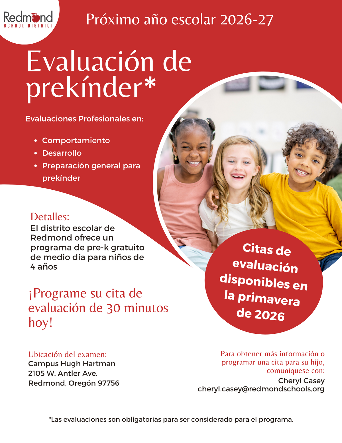 Redmond School District announces pre-kindergarten evaluations for the 2026-27 school year, focusing on behavior, development, and general preparation.