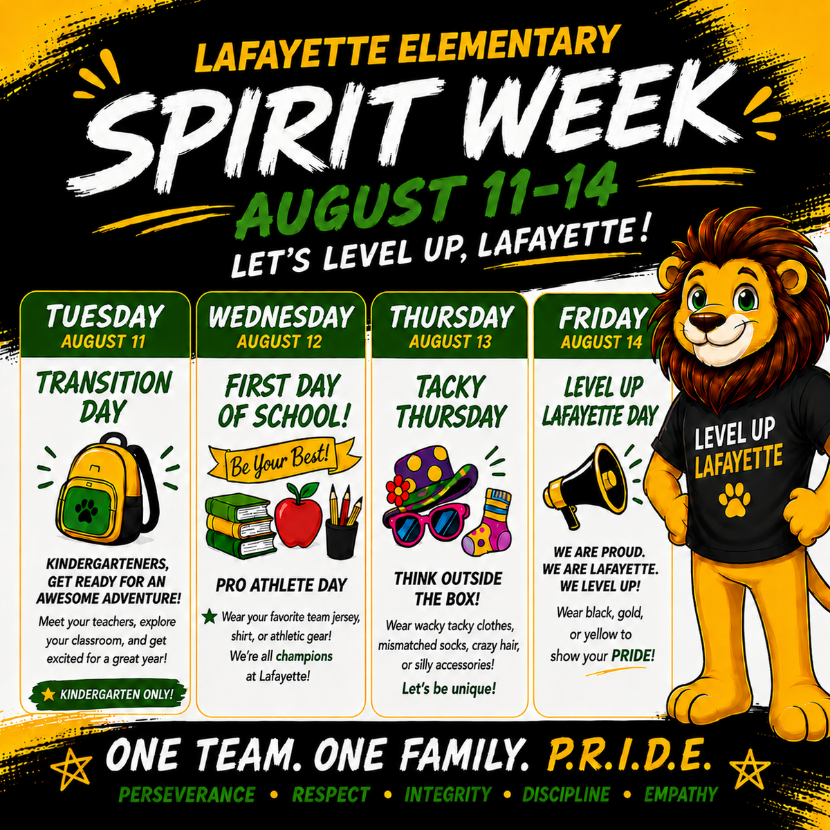 📣🦁 Lafayette Elementary Spirit Week is Almost Here! 🦁📣
