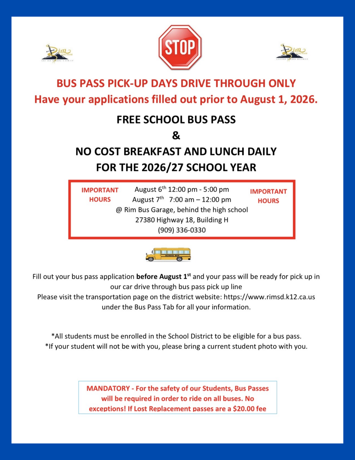 Attention Parents: Bus Pass Pick-Up for the 2026–2027 School Year!