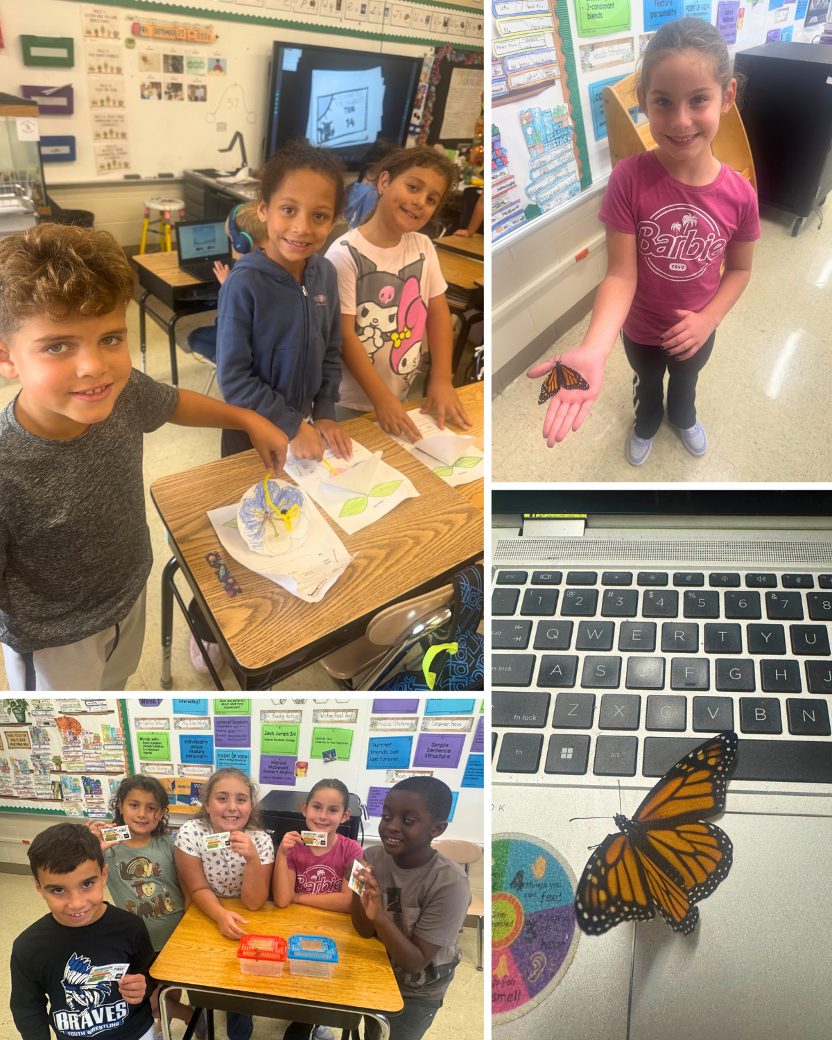 A collage shows children engaged in classroom activities, including working on crafts, holding a butterfly, and interacting with computers.
