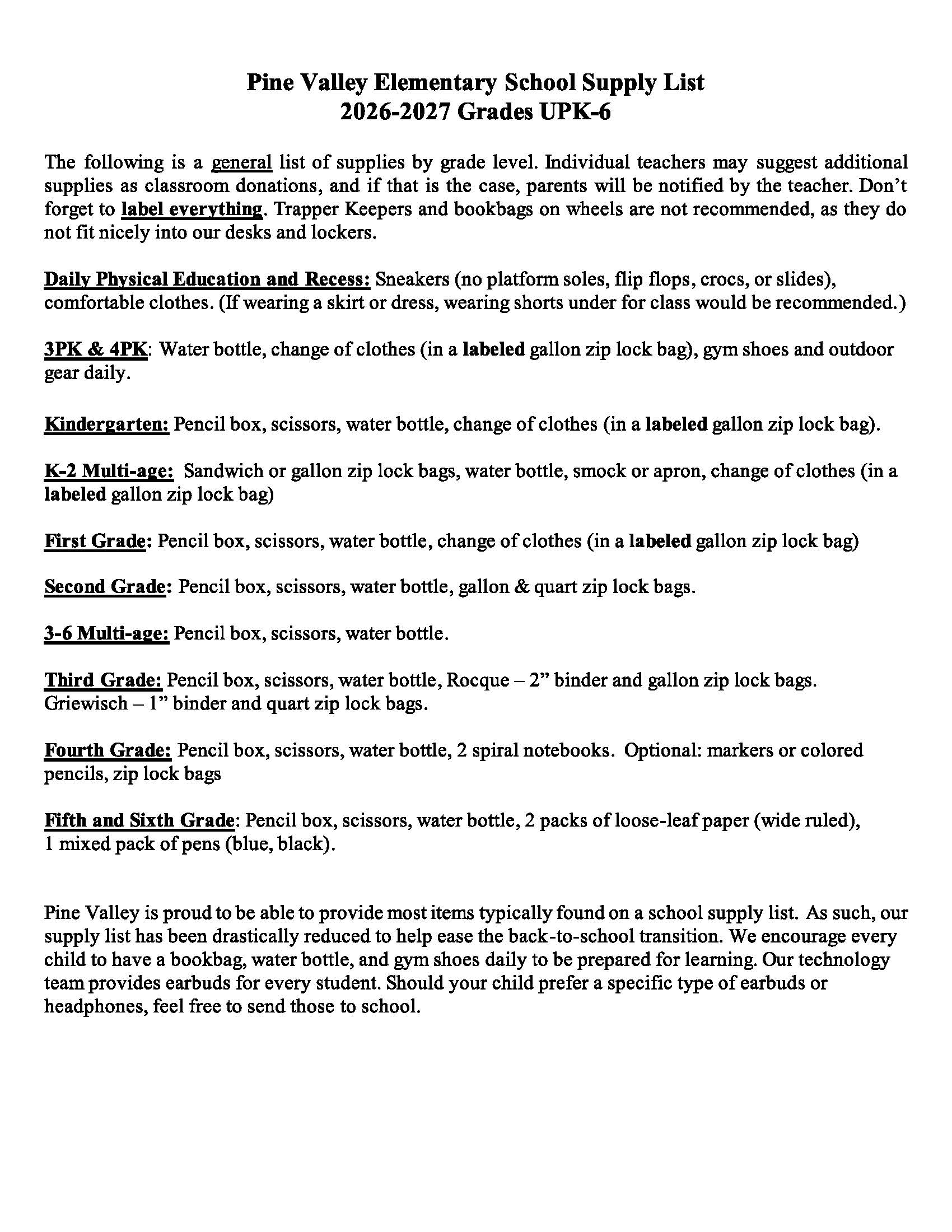 School Supply Lists 2026-27