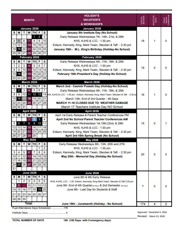A calendar displays school holidays, vacations, and workshops for January through June 2026.