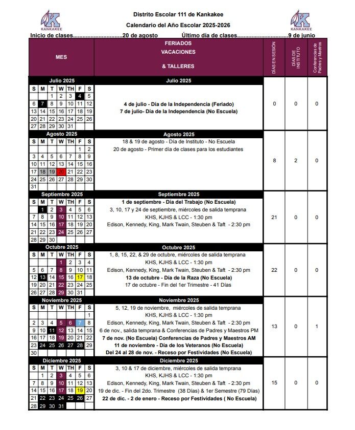 Kankakee School District 111 academic calendar for 2025-2026, showing school start and end dates.