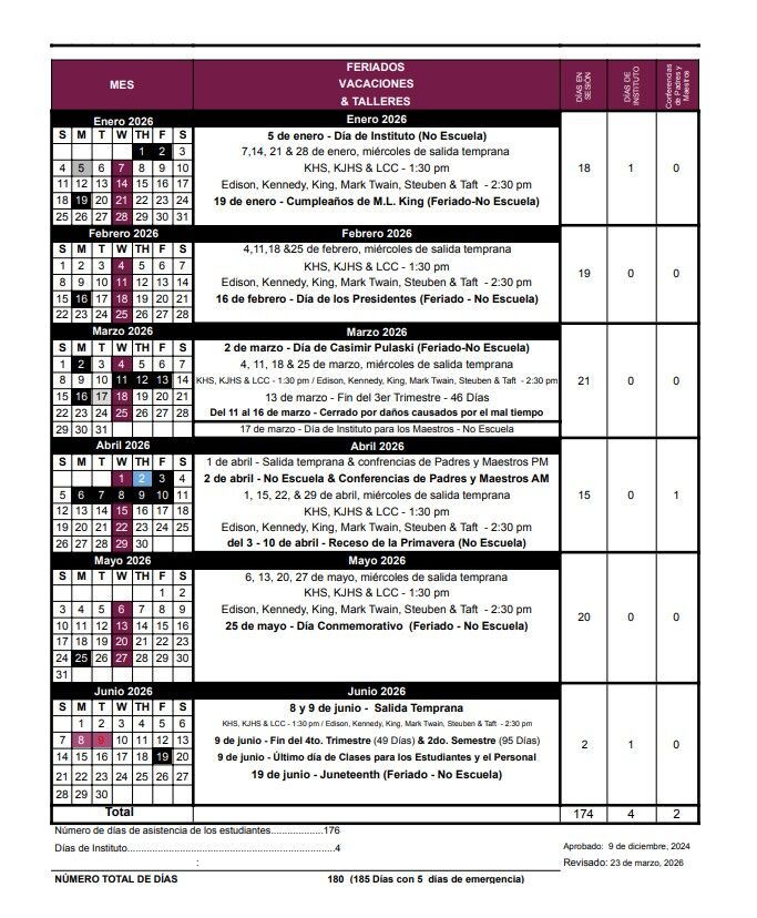 A calendar displays school holidays, vacations, and workshops for January through June 2026.