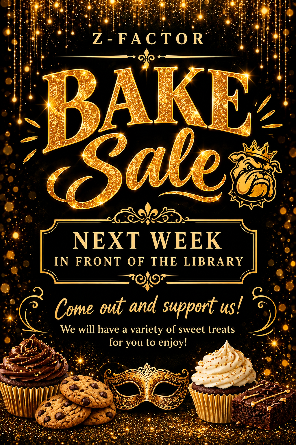 A glamorous black and gold flyer announces a bake sale next week in front of the library, featuring cupcakes, cookies, and a masquerade mask.