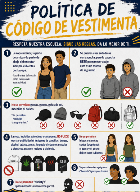 A poster outlines school dress code policies with illustrations and text in Spanish.