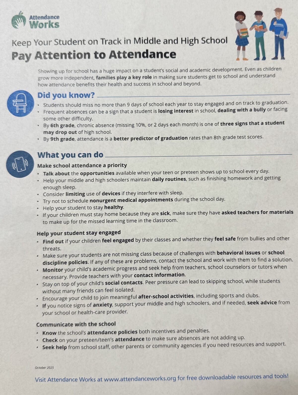 An informational flyer titled 'Pay Attention to Attendance' with tips for keeping middle and high school students on track.