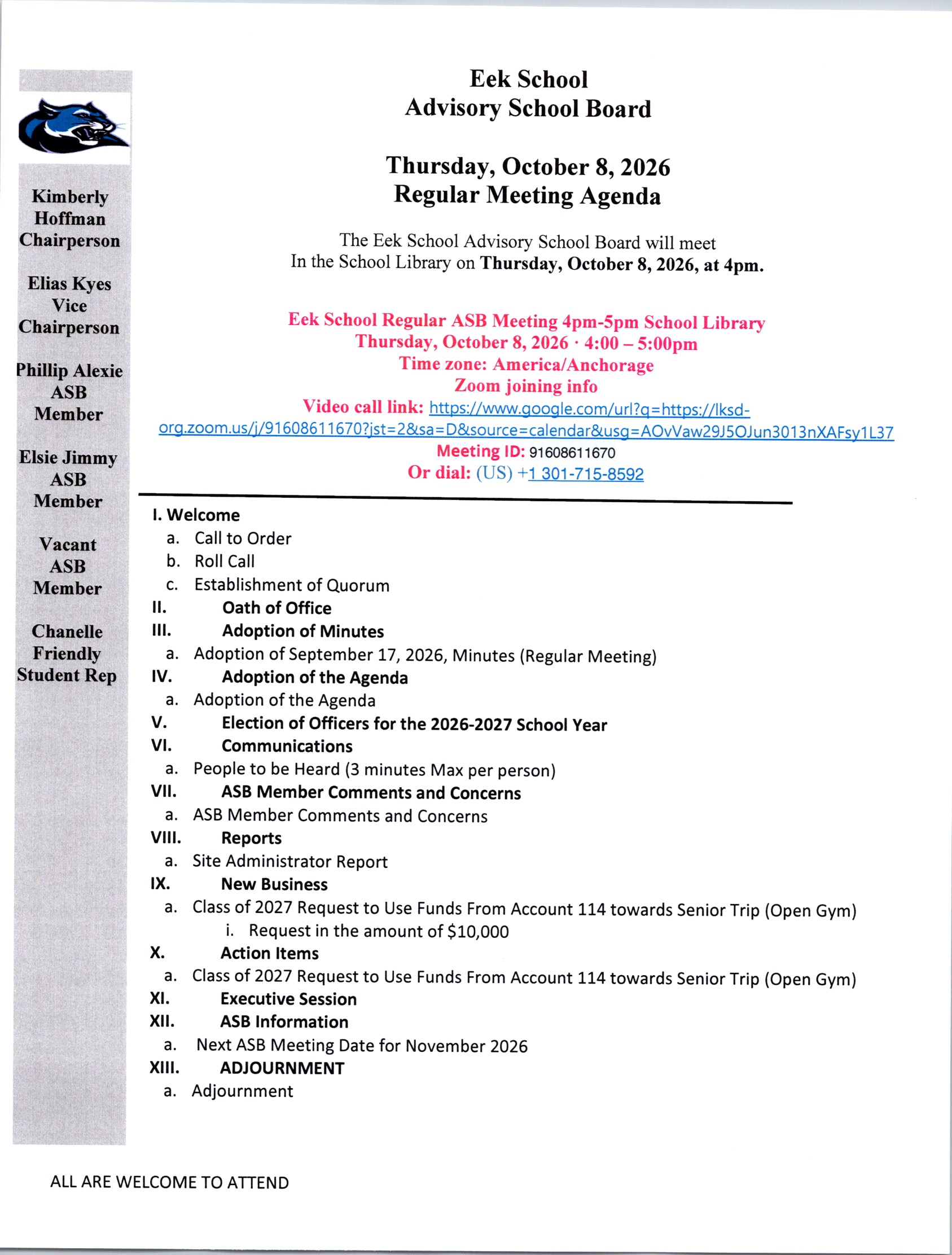 Eek School October ASB Meeting-Thursday, October 8, 2026 at 4pm