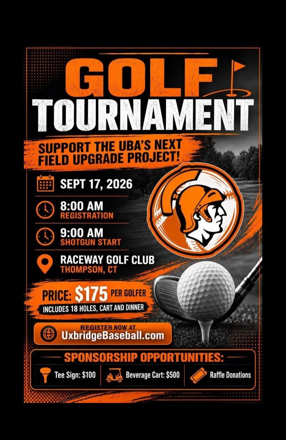 A promotional flyer for a golf tournament on September 17, 2026, at Raceway Golf Club in Thompson, CT, supporting the UBA's next field upgrade project.