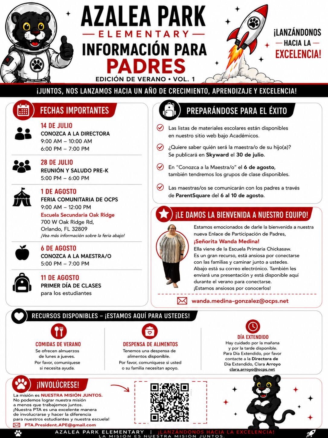 Azalea Park Elementary Parent Prints newsletter with important dates and resources. SPANISH