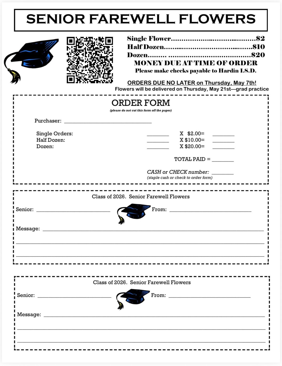 Senior Farewell Flowers - due THIS THURSDAY