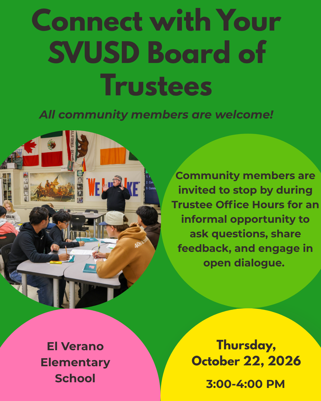 Flier Announcing the Trustee Community Office Hour on Thursday October 22 from 3-4pm at El Verano Elementary School