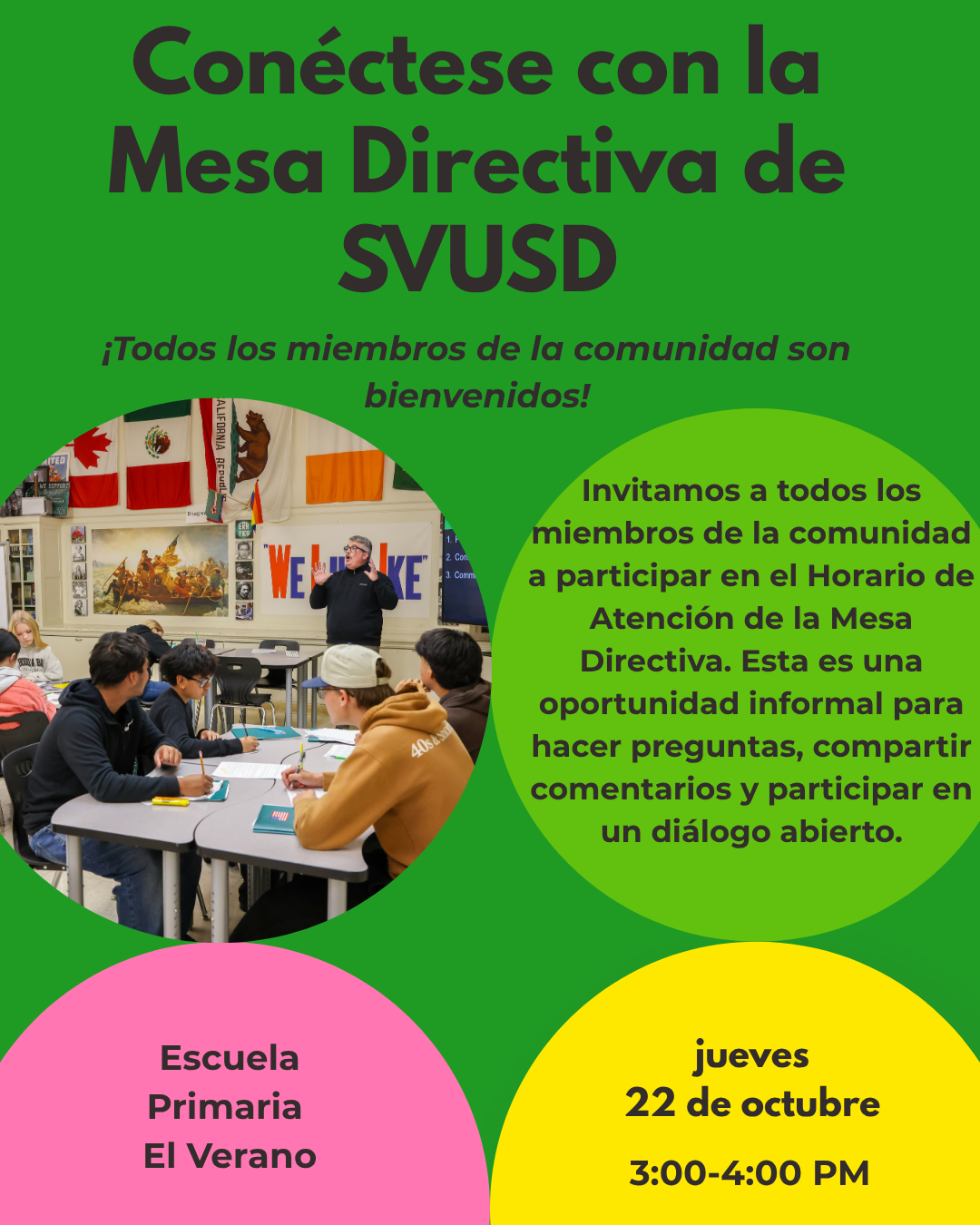 Spanish Flier Announcing the Trustee Community Office Hour on Thursday October 22 from 3-4pm at El Verano Elementary School