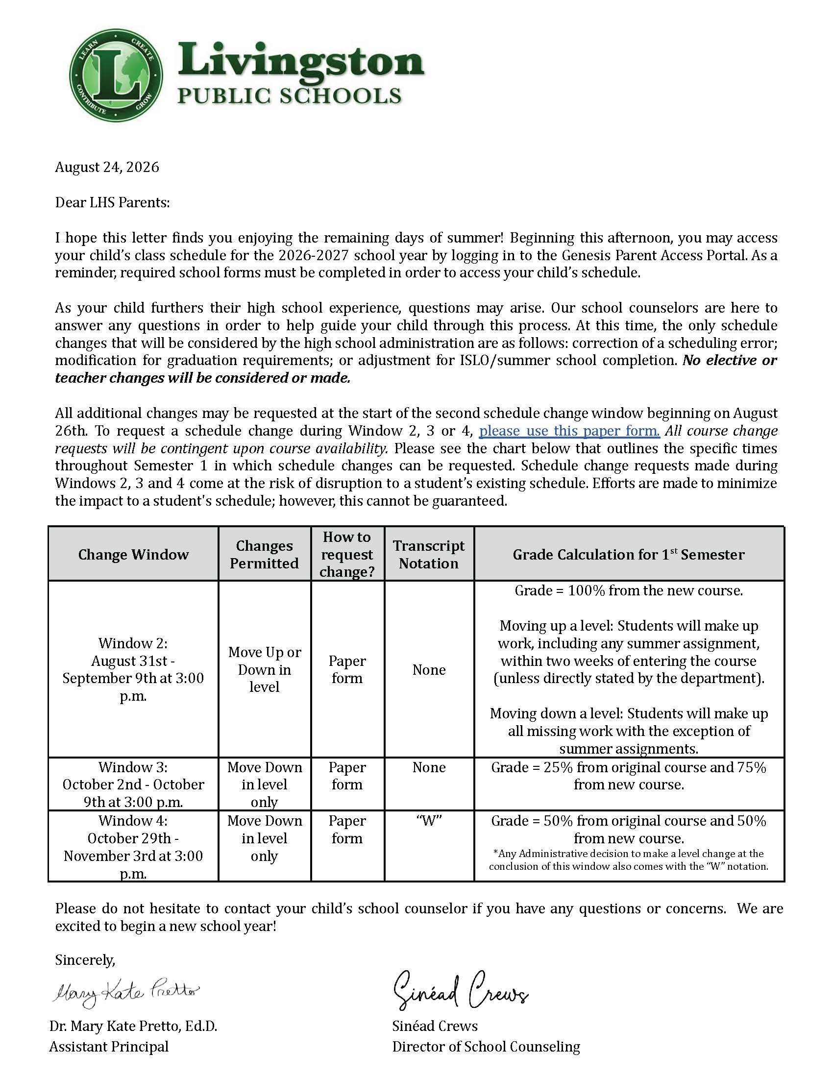 Scheduling Letter August 2026