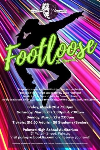 Poster for the musical 'Footloose' featuring a silhouette of a dancer against a vibrant, streaked background.