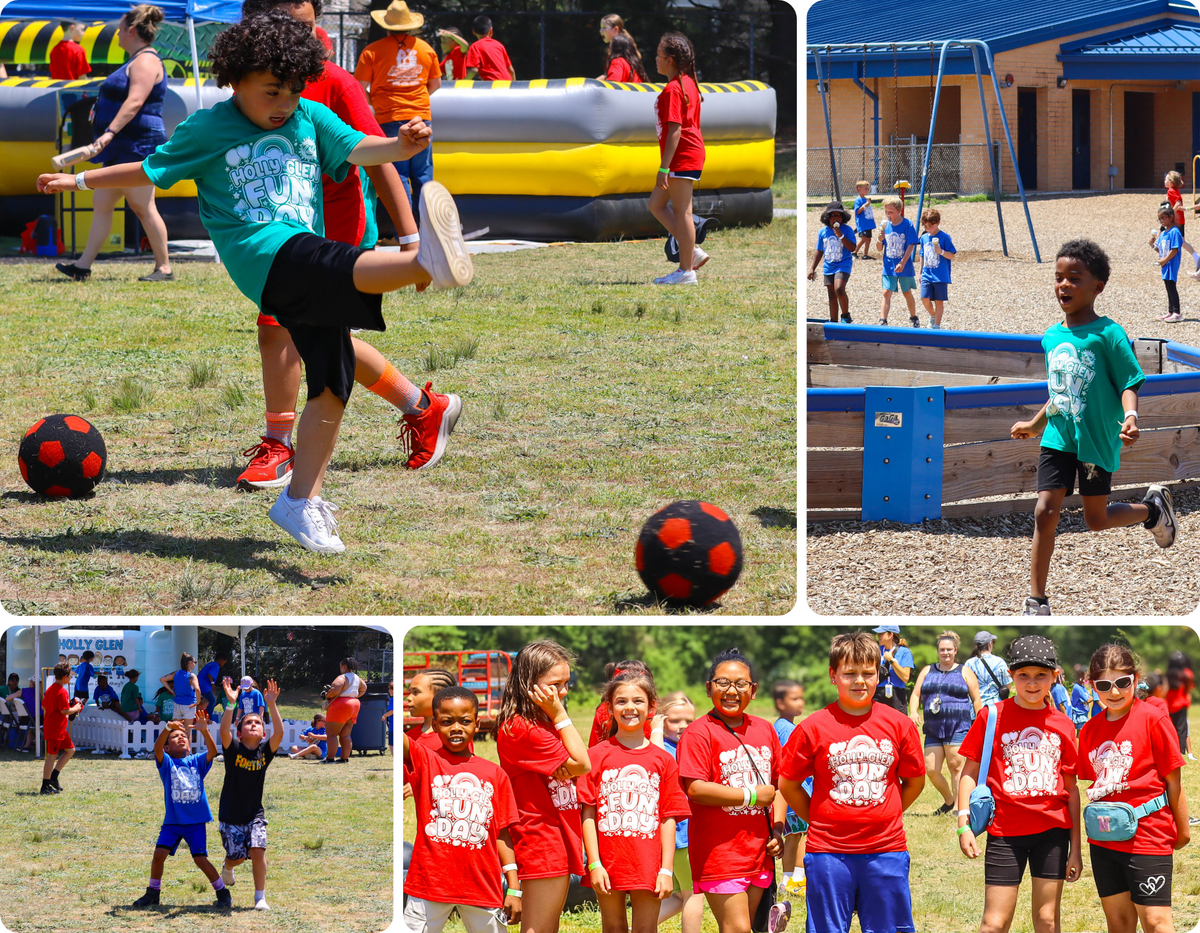 Children in red t-shirts with 'Holly Glen Fun Day' text participate in outdoor activities.