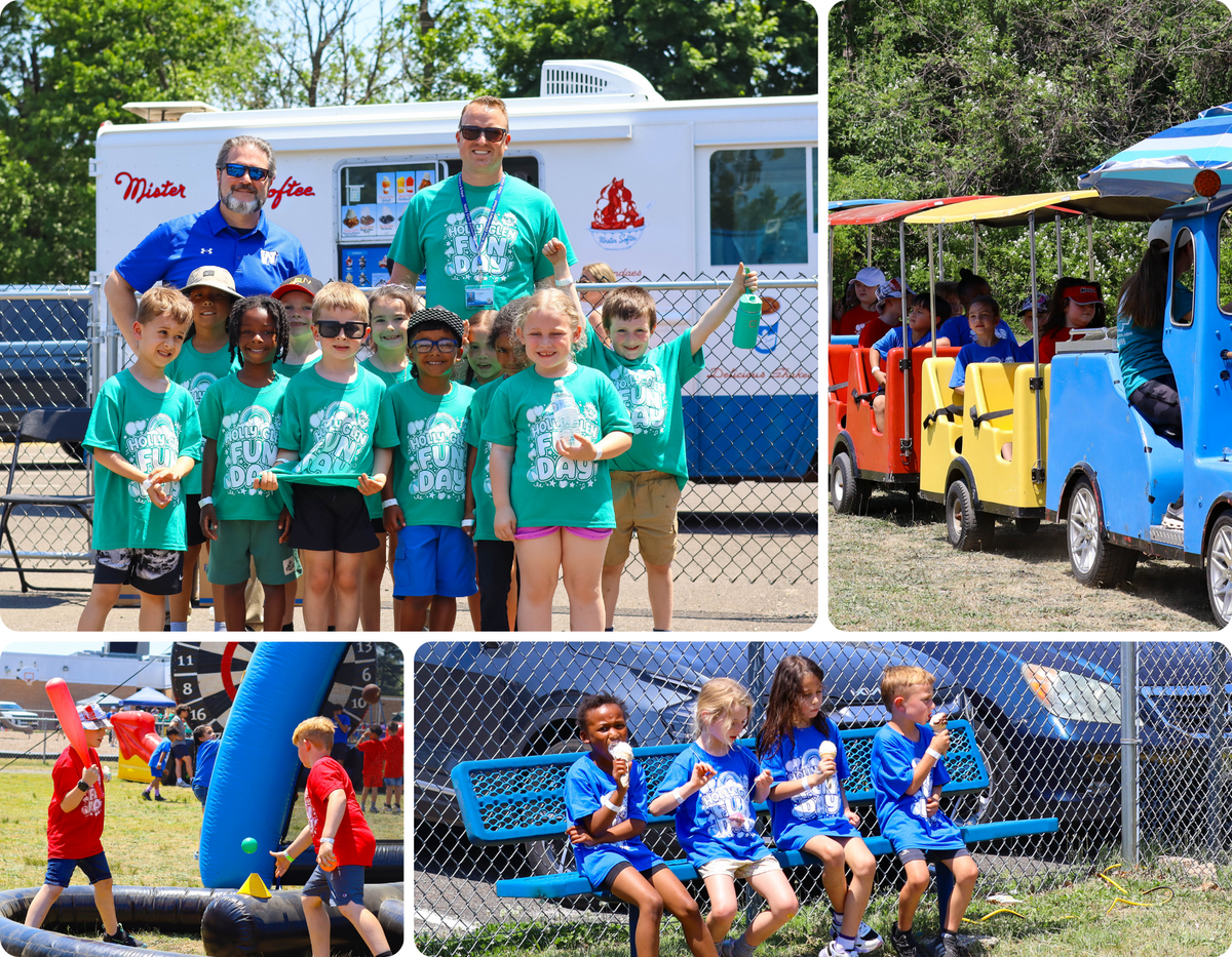 Children in green shirts pose with adults in front of an ice cream truck at a fun day event.