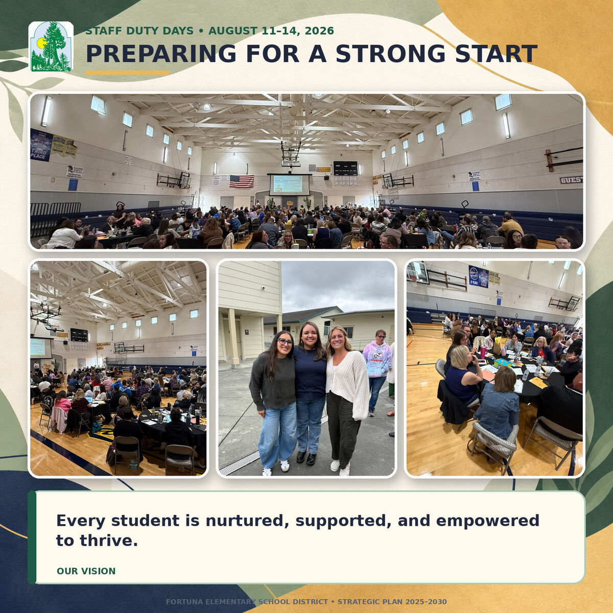 A large group of people are seated at tables in a gymnasium, attending a meeting or training session.