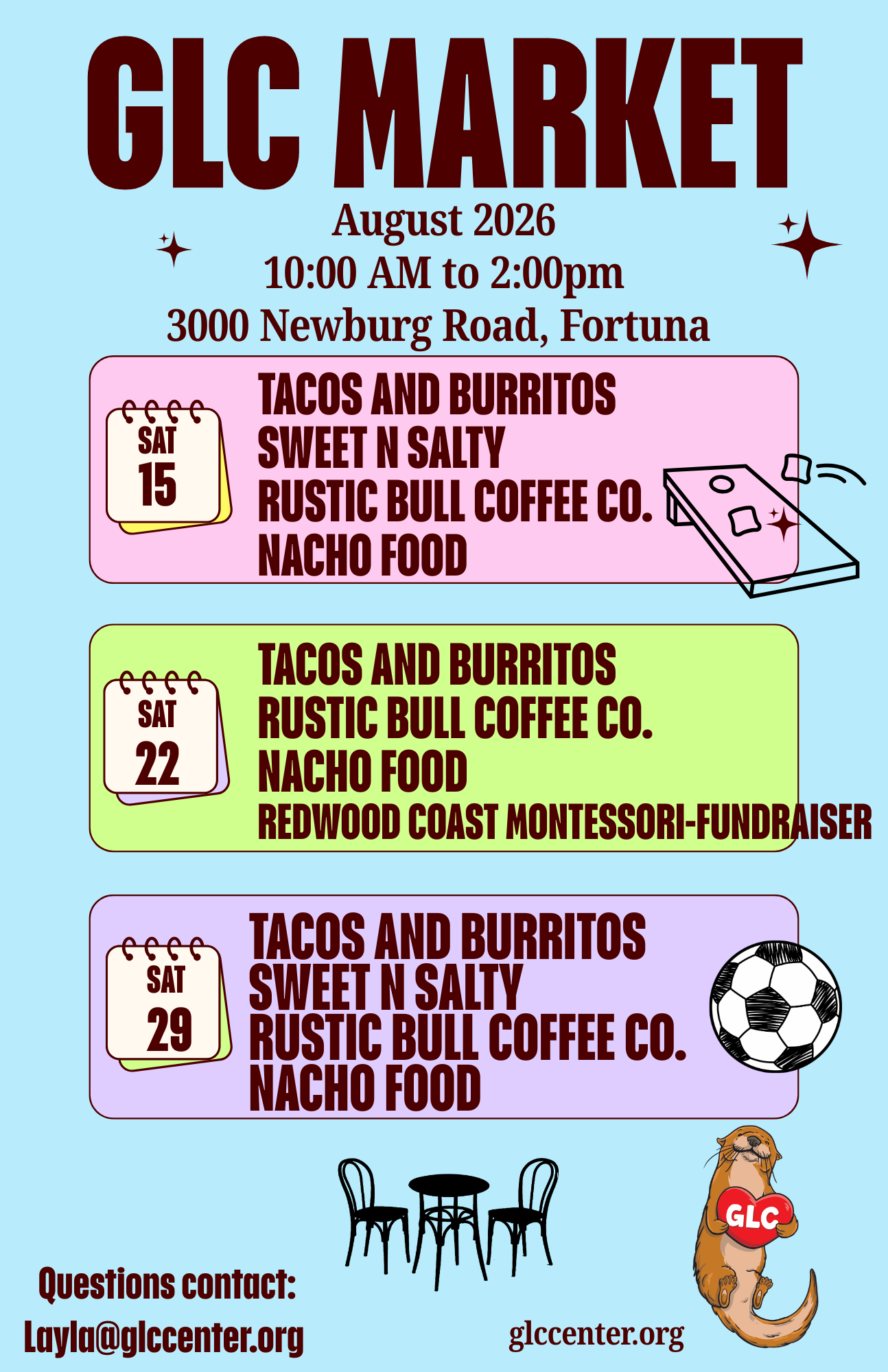 Poster for GLC Market on August 2026, featuring food vendors and dates.