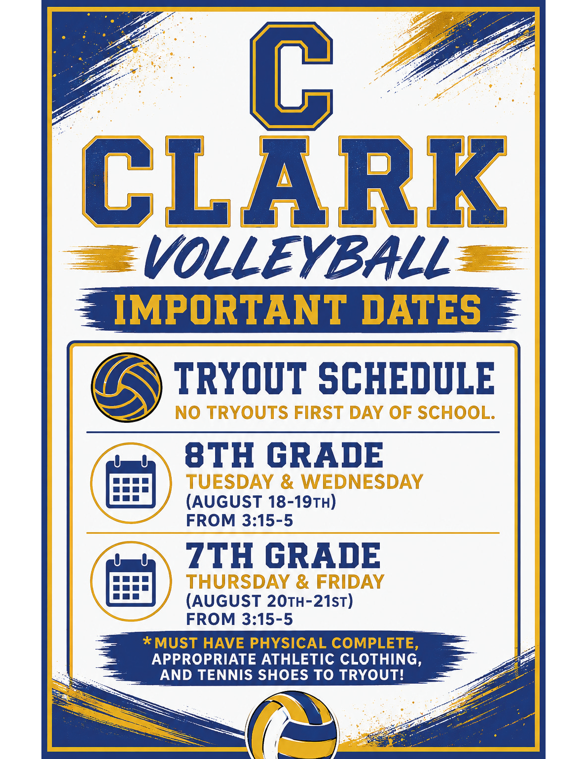 Girls Volleyball Tryouts - 8th Tuesday/Wednesday - 7th Thursday/Friday