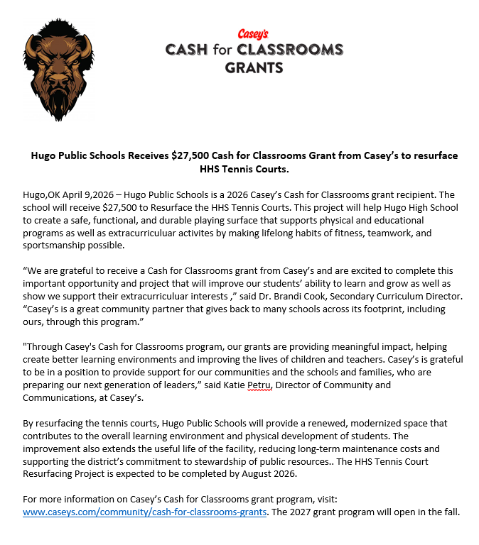 Hugo High School Casey's CASH for CLASSROOM Grant 2026