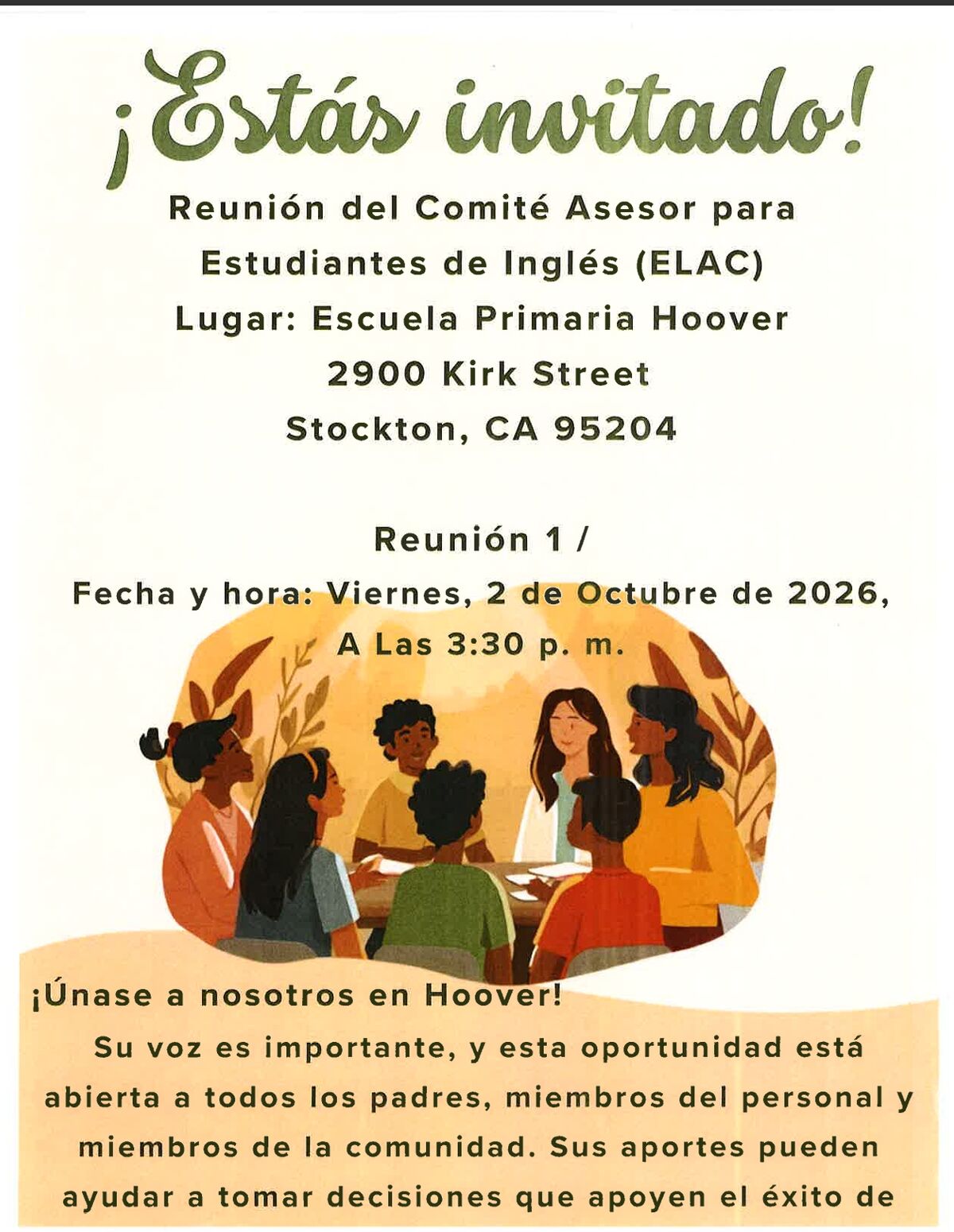 A Spanish flyer inviting parents and community members to a Hoover Elementary English Learner Advisory Committee meeting.