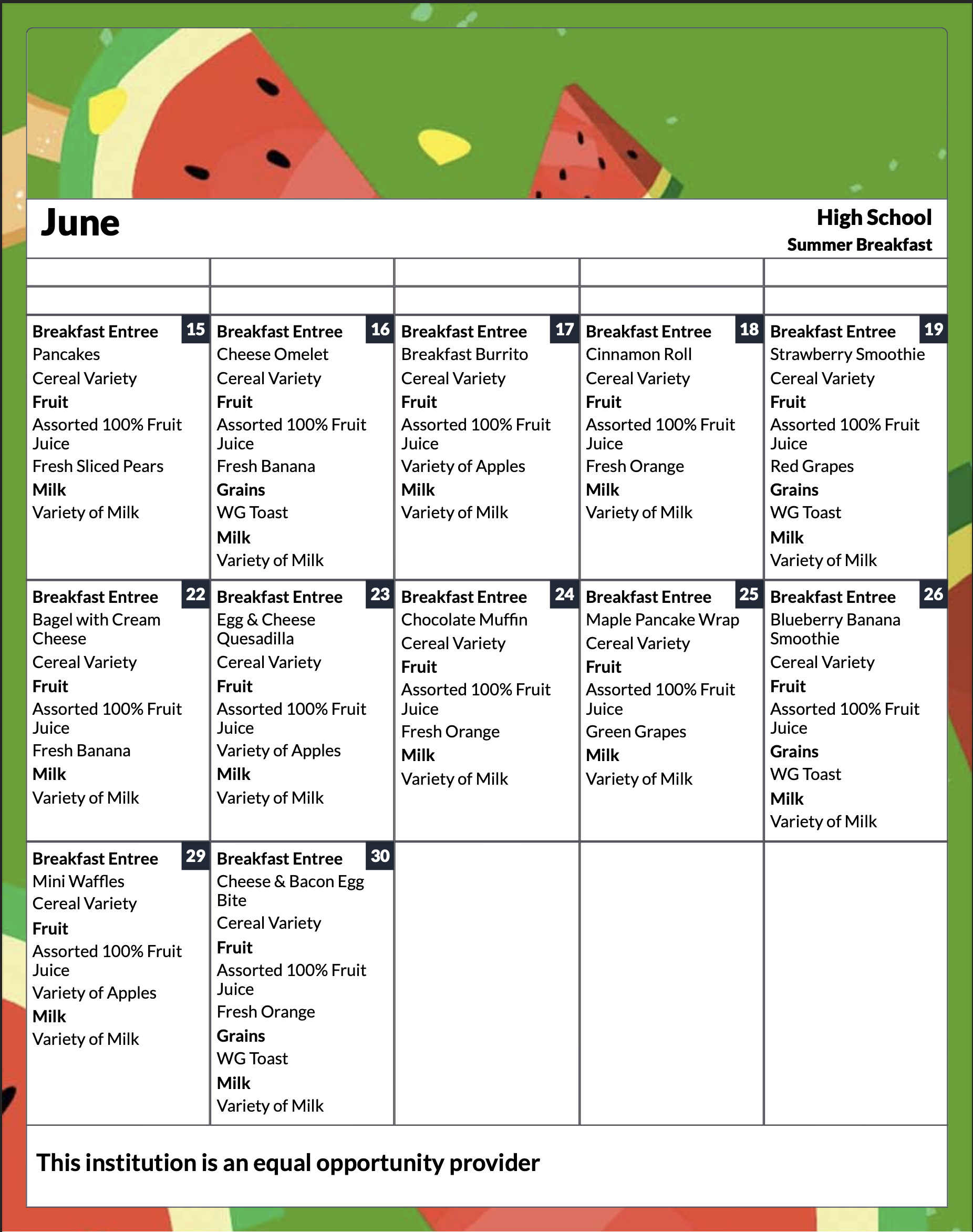 Summer Breakfast & Lunch Menu
