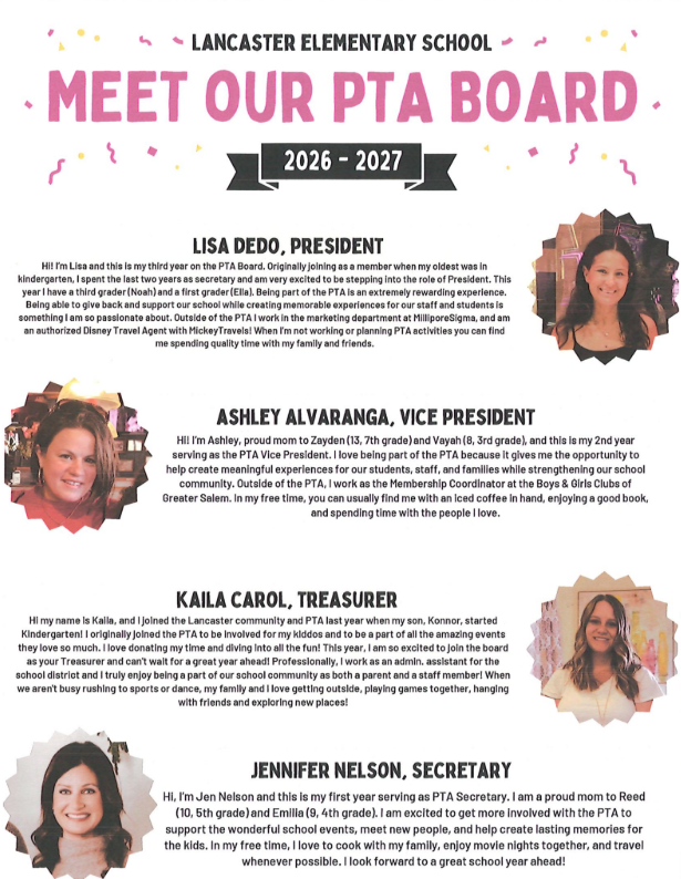 Lancaster Elementary School PTA Board for 2026-2027, featuring President Lisa Dedo, Vice President Ashley Alvaranga, Treasurer Kaila Carol, and Secretary Jennifer Nelson.