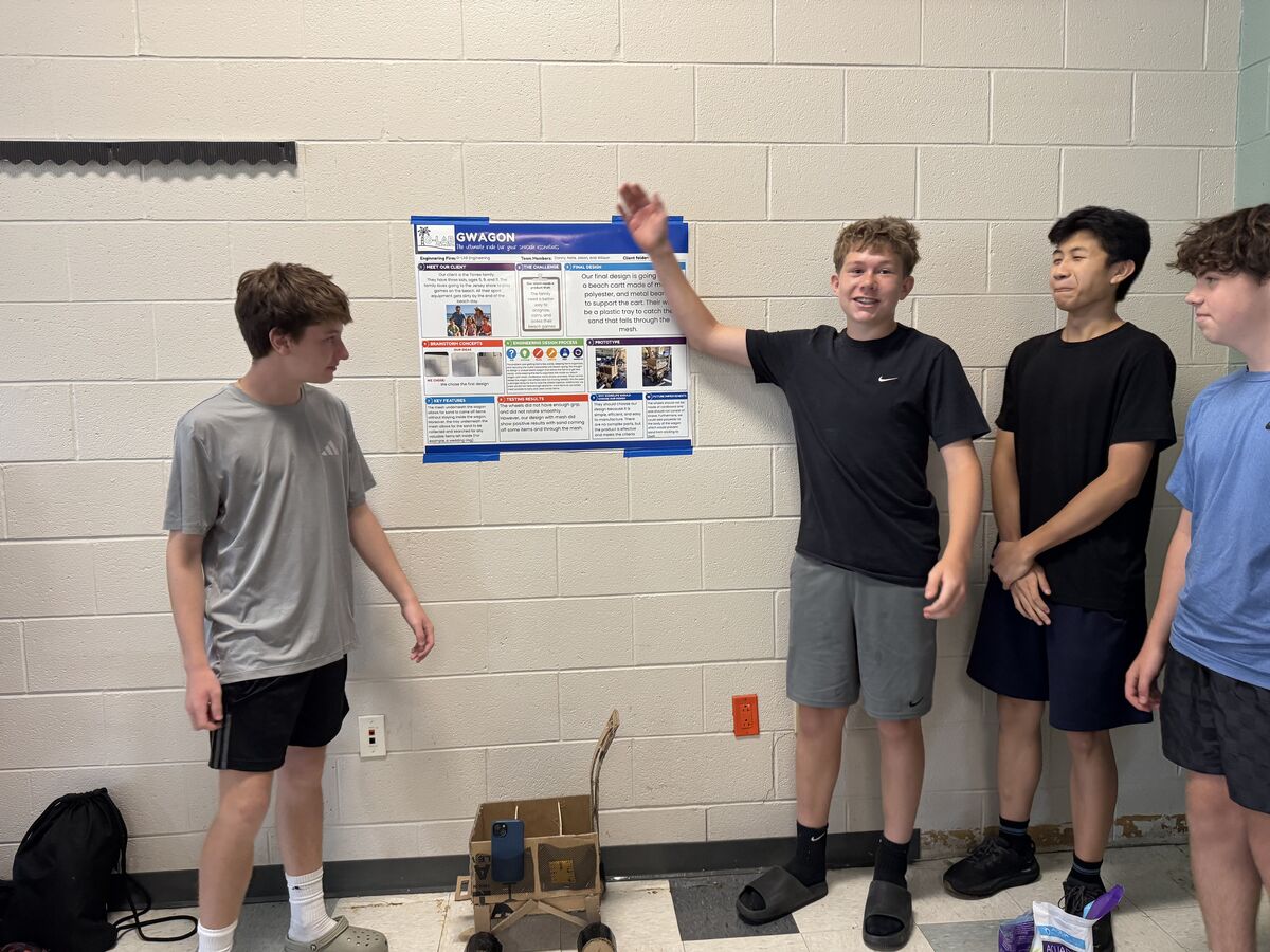 Four young people stand near a poster presentation about a "GWAGON" beach cart, with a cardboard prototype in the foreground.
