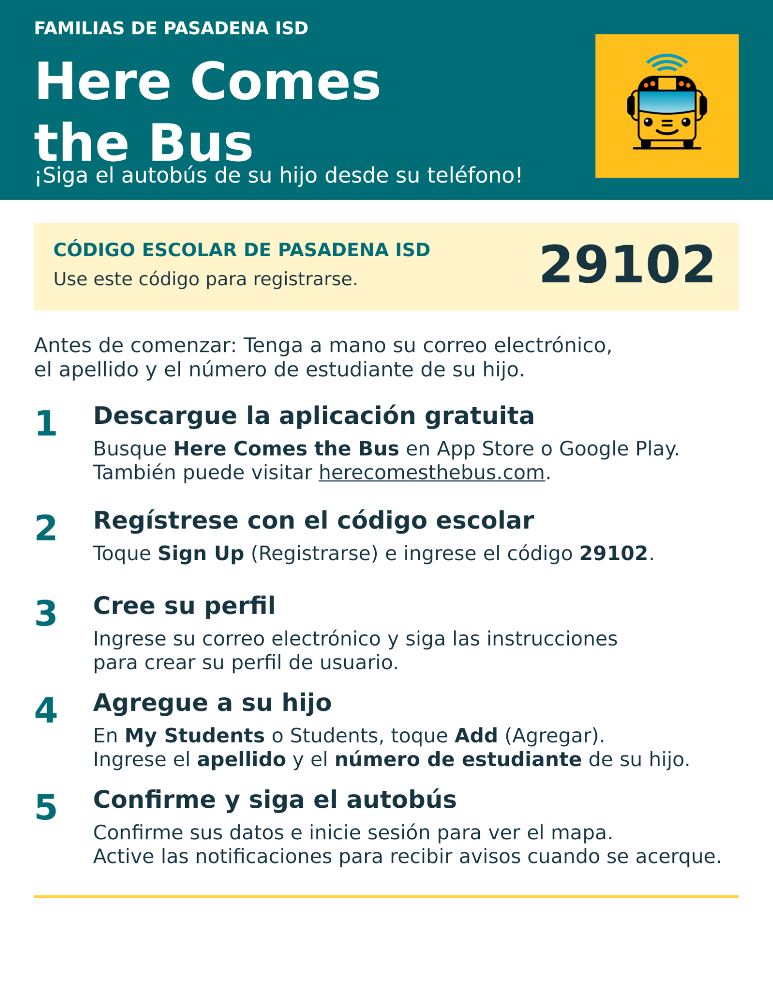 An instructional flyer in Spanish for Pasadena ISD families on how to use the 'Here Comes the Bus' app.