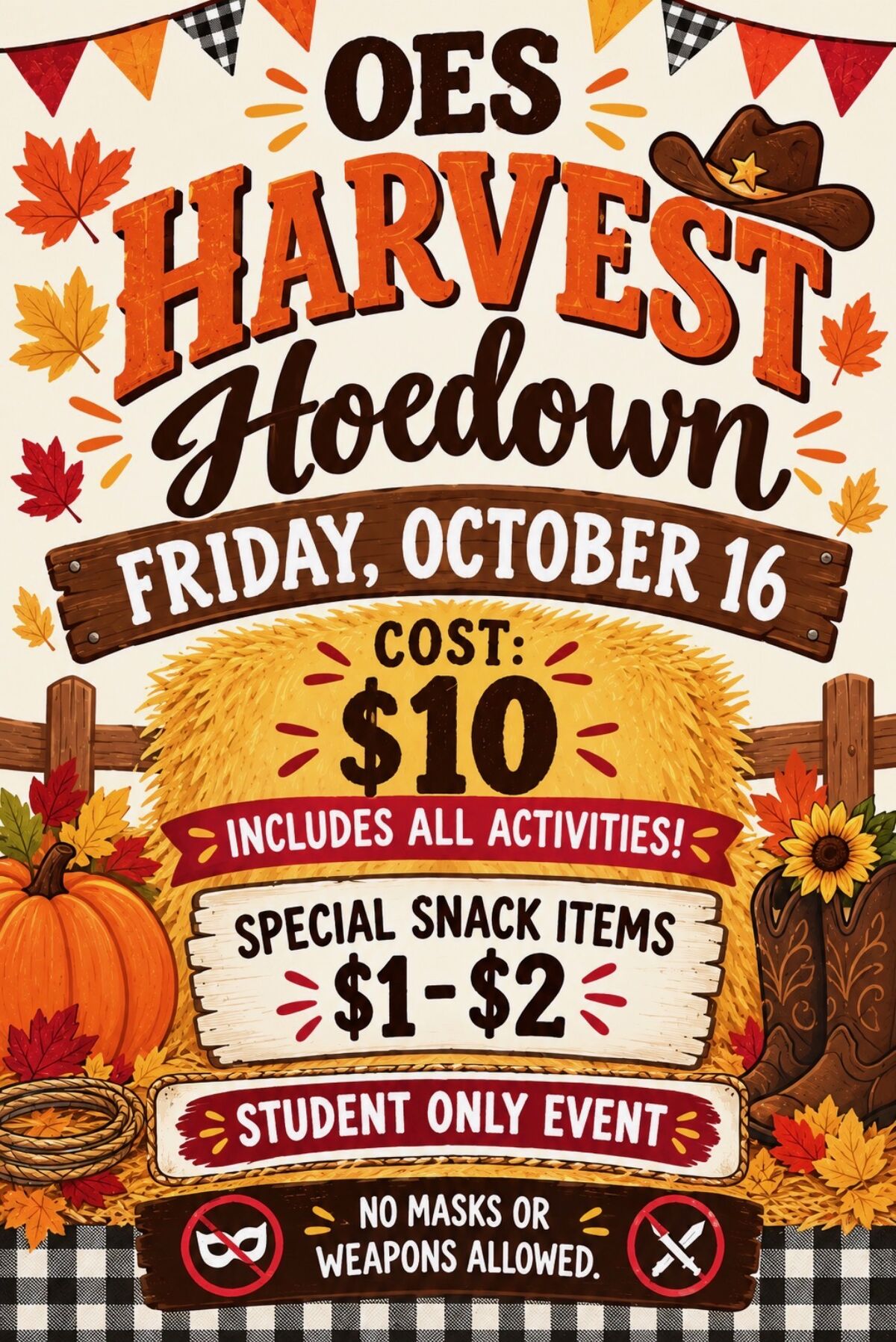 A colorful flyer for an 'OES Harvest Hoedown' on Friday, October 16, featuring pumpkins, hay bales, and cowboy boots.
