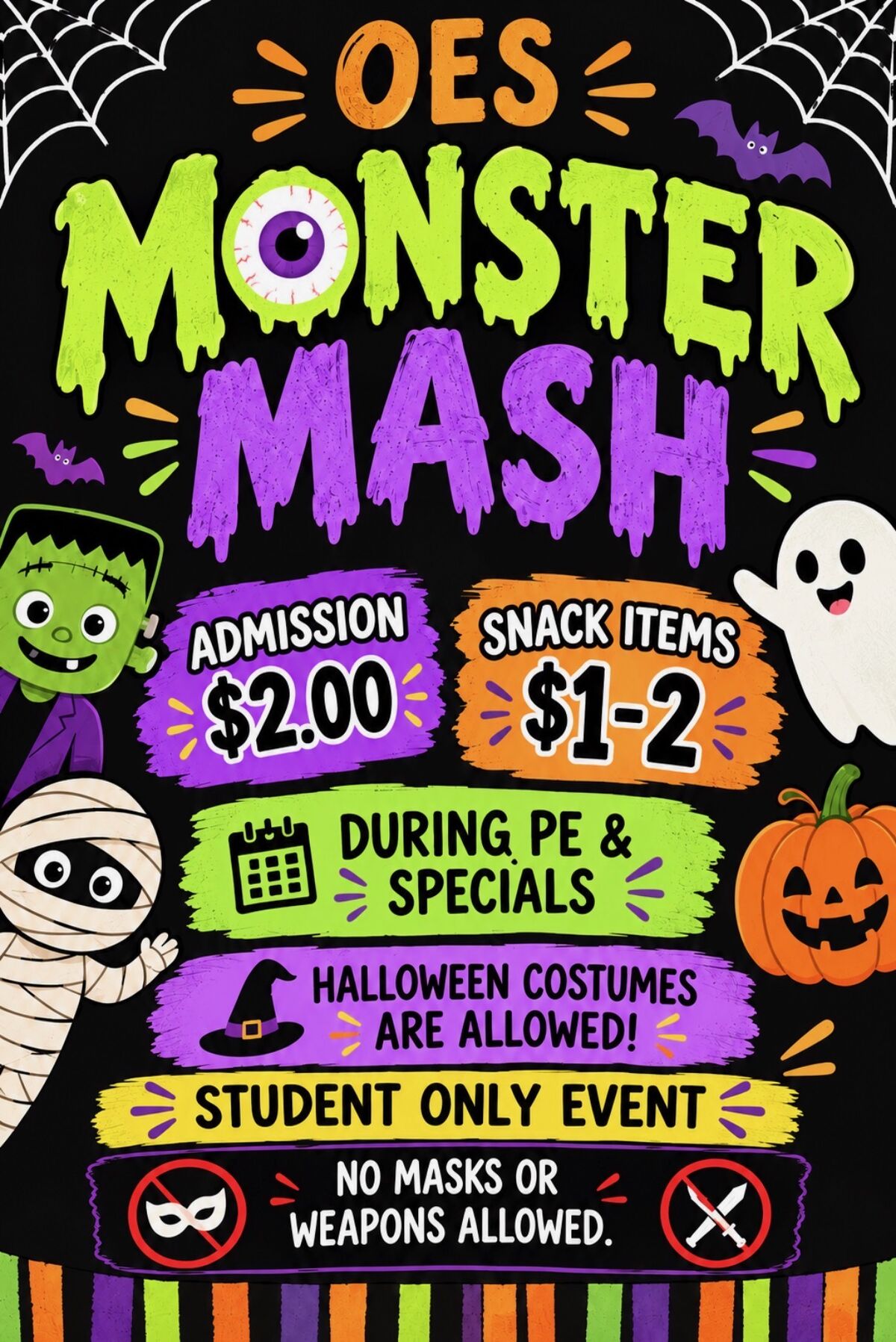 A colorful, black background flyer for an "OES Monster Mash" Halloween event with pricing details, times, and rules.