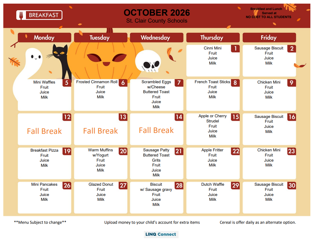 A school breakfast menu for October 2026, featuring a festive autumn theme with illustrations of a ghost, cat, pumpkin, and skull.