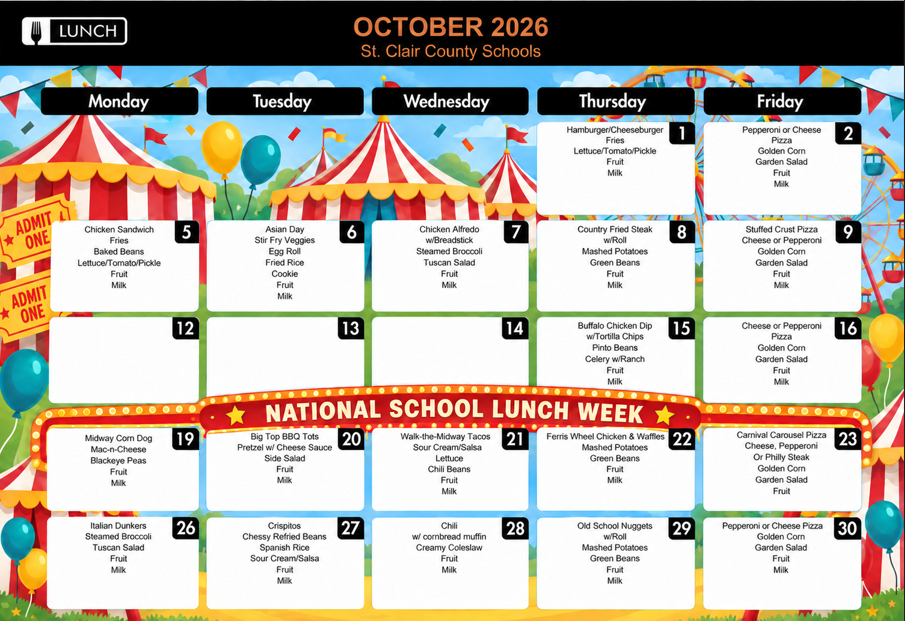 A colorful October 2026 school lunch menu calendar features a festive carnival theme with tents and balloons.