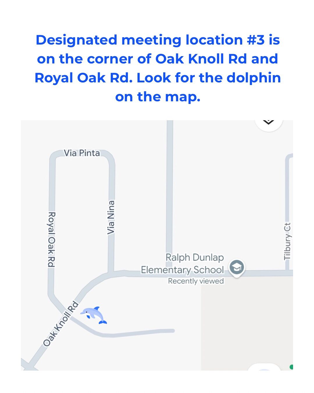 A digital map showing a designated meeting location #3  at the corner of Oak Knoll Rd and Royal Oak Rd, marked by a blue dolphin icon.