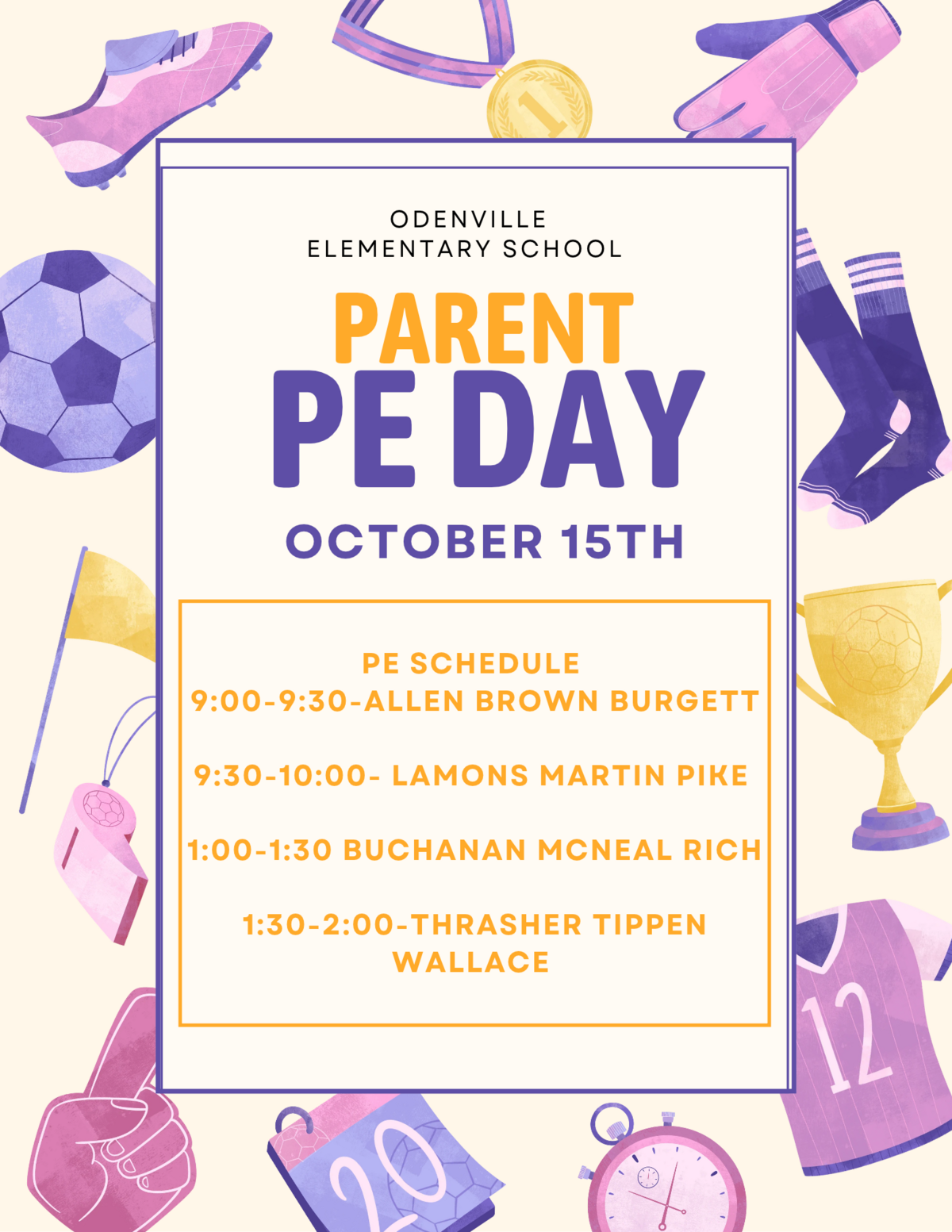 A colorful flyer for Odenville Elementary School's Parent PE Day on October 15th, featuring a detailed schedule.