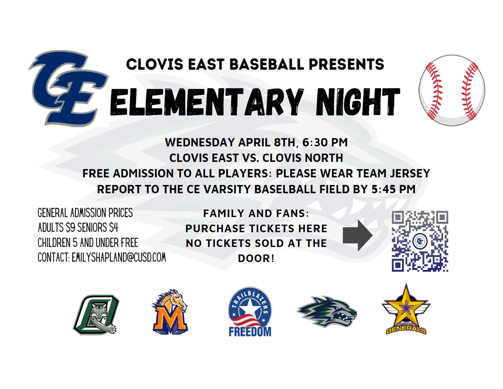 Poster for "Elementary Night" baseball game presented by Clovis East Baseball.