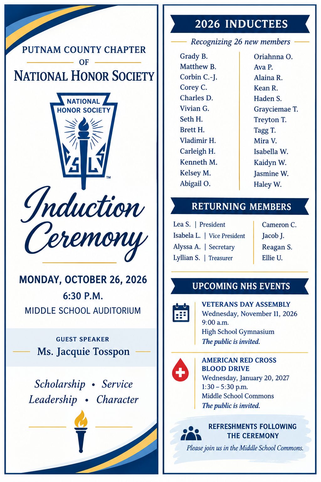 Putnam County NHS to Welcome 26 New Members October 26