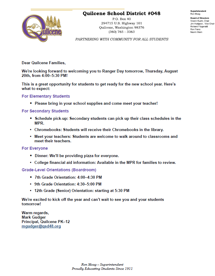 Letter from the Principal - Ranger Day